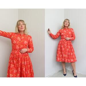 1960's Vintage LORD & TAYLOR Crimson Paisley Cotton Midi Dress ~ Women's XXS